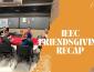 Left is a photo of students enjoying a Friendsgiving; right side is orange with white fruit and vegetable accents; it reads "IEEC Friendsgiving Recap"