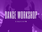 Background is a purple-tinted image of a person with headphones on; text reads "Dance Workshop 11.18