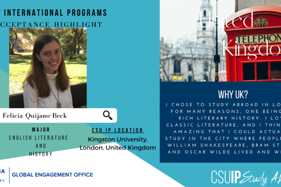Blue, teal, white background, on the left a photo of Felicia and info on her acceptance, on the right a photo of a red London telephone booth
