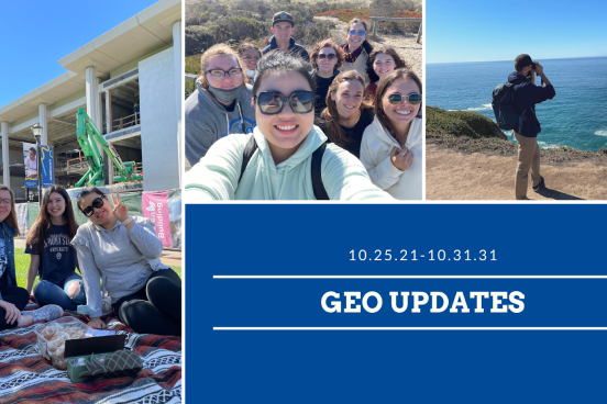 Photos include: three people sitting on a lawn; a group of people hiking near the ocean; someone taking a picture of the ocean; text reads "GEO Updates 10/25-31/21"