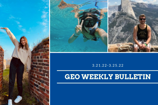 g.e.o. weekly bulletin march 21 with images of students traveling