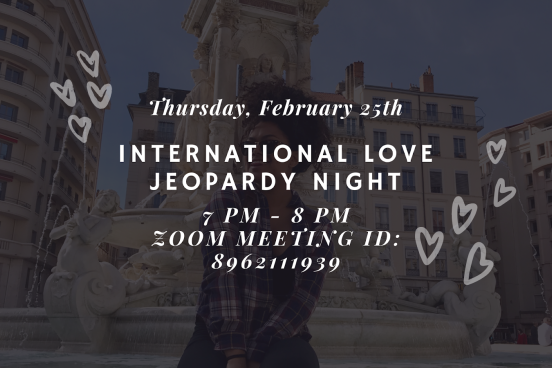 A female sitting infront of a fountain with watermarked drawn hearts and info on Jeopardy night