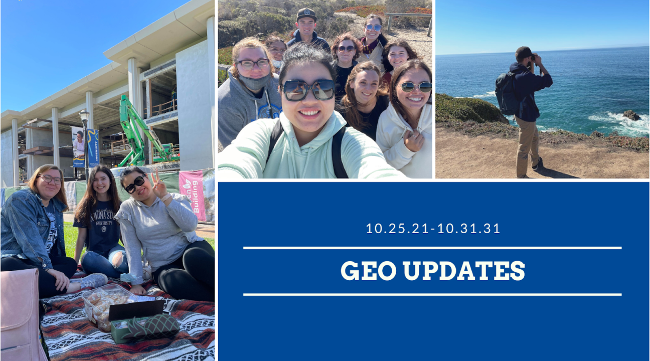 Photos include: three people sitting on a lawn; a group of people hiking near the ocean; someone taking a picture of the ocean; text reads "GEO Updates 10/25-31/21"