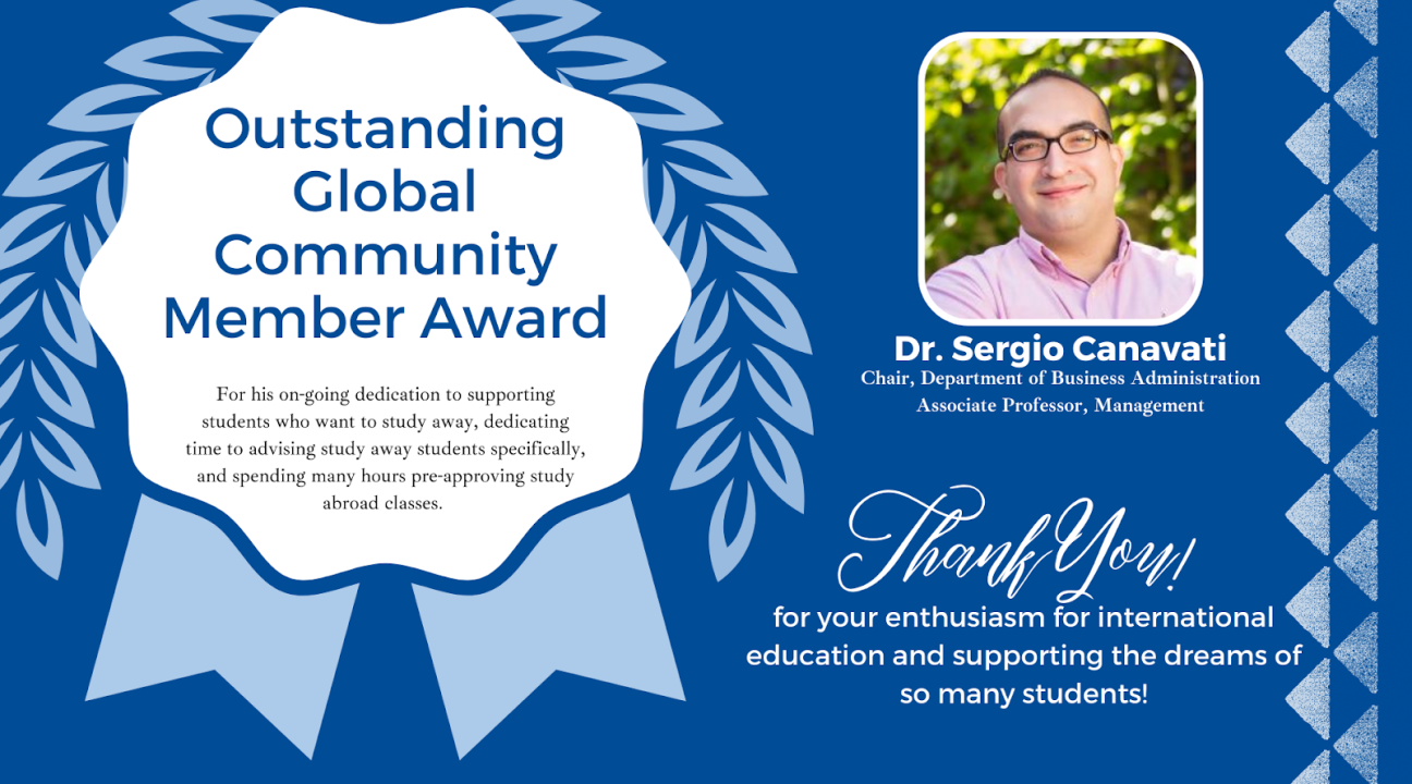 Dark blue background with white accents, left is a award badge drawing, right is a picture of Dr. Canavati and his description