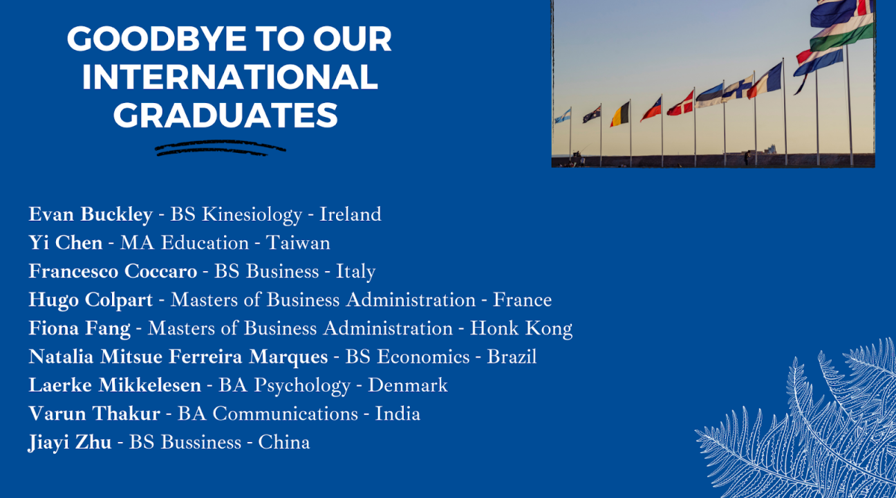 Dark blue backrgound, one column of international graduates leaving SSU, top right corner has a photo of flags from around the world