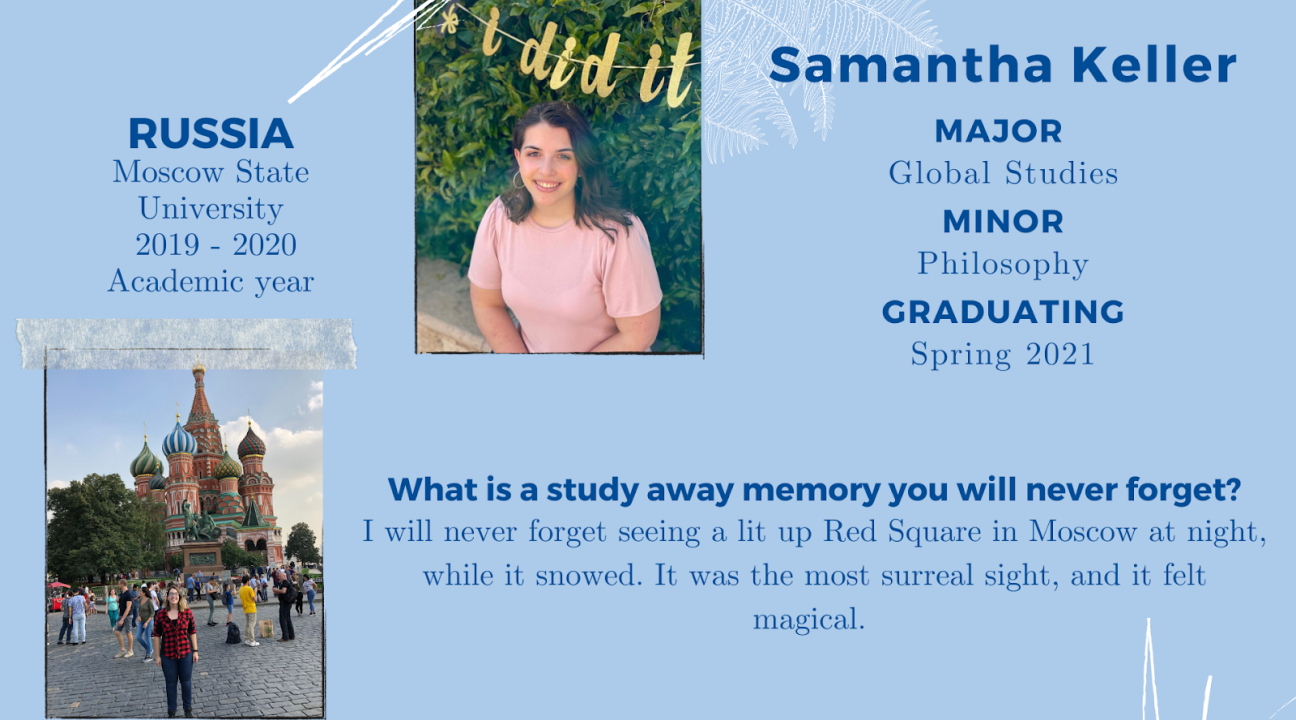 Light blue background with white accents, info on Samantha Keller, her photo, and where she studied away