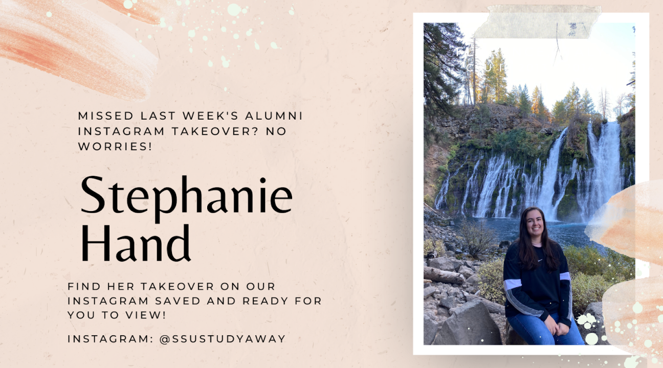 Pale pink background with info on Stephanie's takeover on Instagram with a photo of her sitting in front of a waterfall