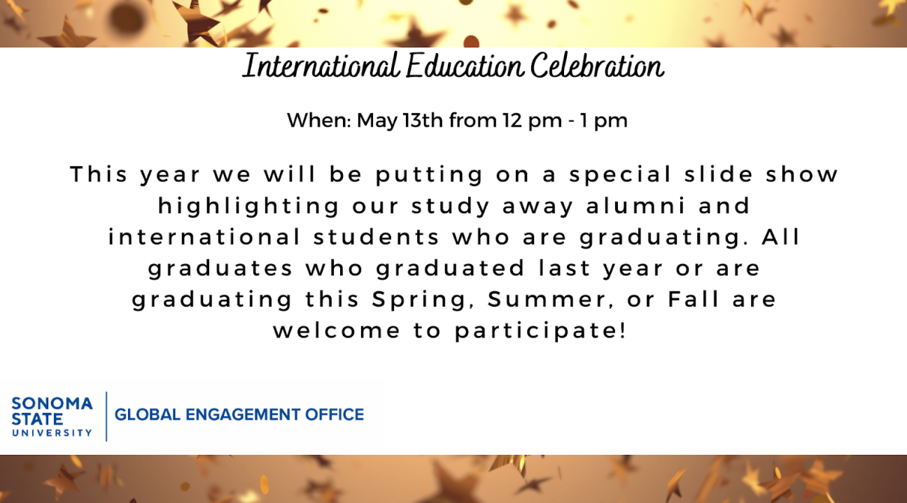 Background is gold star confetti floating with a white bar holding the text relating to the International Education Celebration