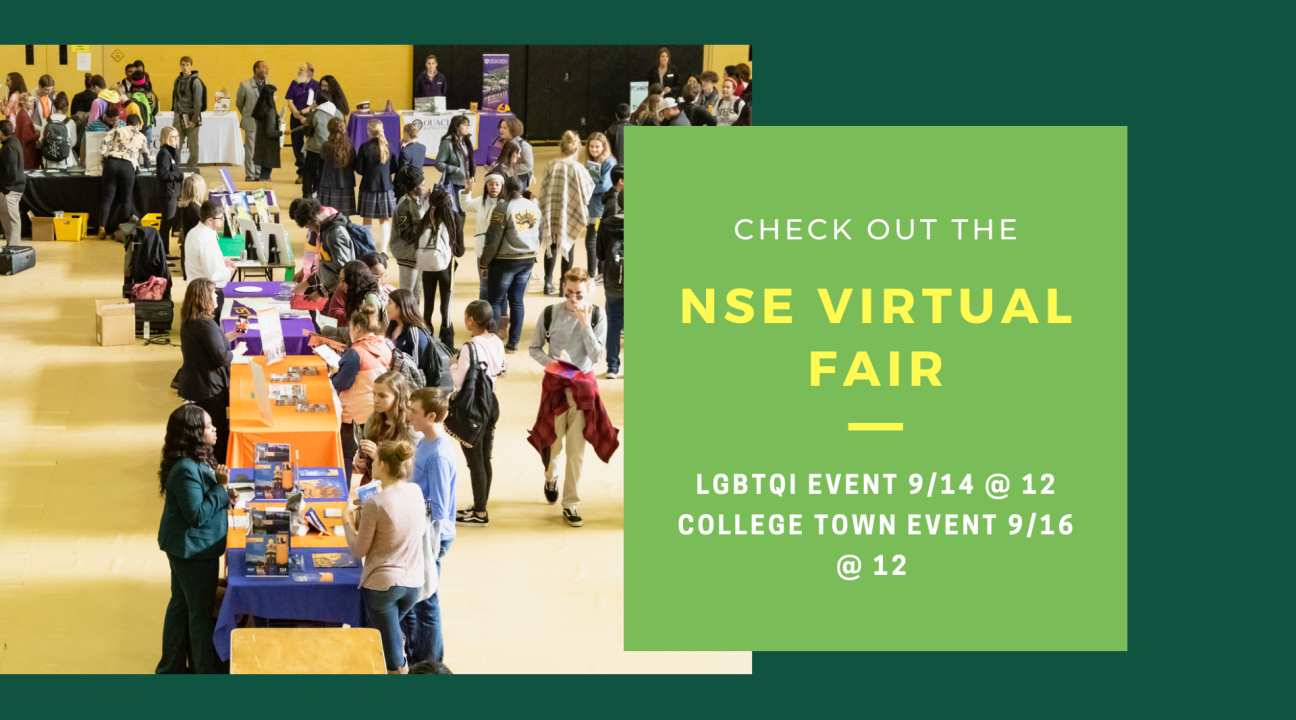Dark green background; photo of an academic fair on the left; "NSE Virtual Fair" and info on such on the right