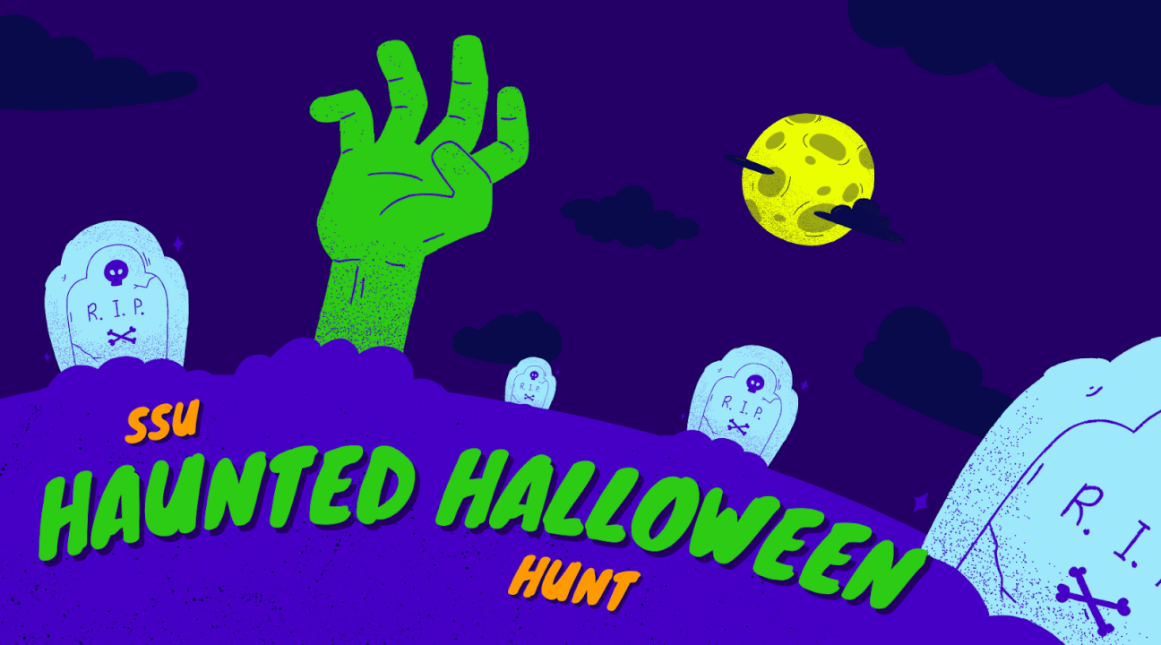 Dark purple background with clouds, yellow moon, tombstones, and a green hand sticking out of the purple ground; text reads "SSU Haunted Halloween Hunt"