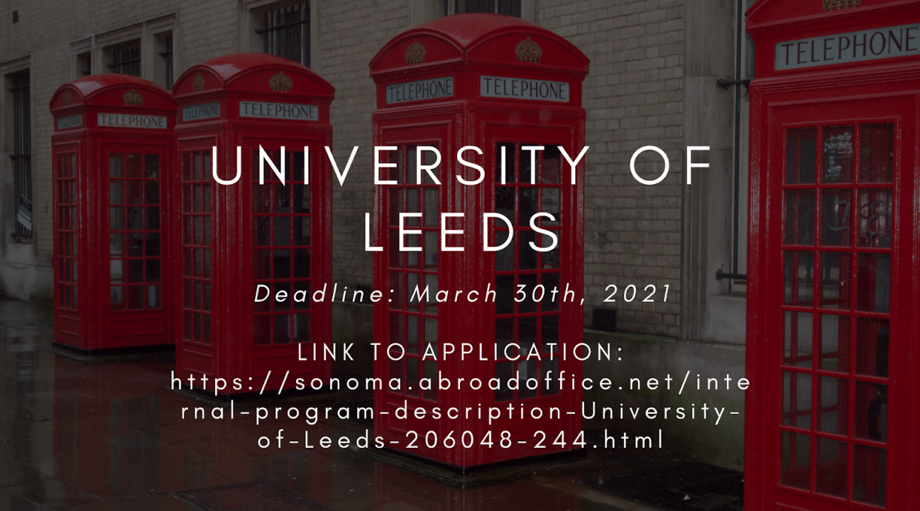 A photo of four red British telephone boxes lined up on a sidewalk with info on the deadline for the Univeristy of Leeds