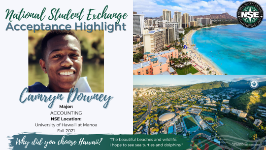 On the left is a photo of Camryn Downey with info on his acceptance; on the right are two photos of Hawaii (one from the university)
