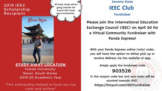 Red and white background, watermarked Panda Express logo on the bottom left corner, photo of Gloria on the right, info on the fundraiser on the right