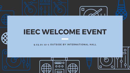 Dark grey background with dark and light blue electronic instrument accents; a light blue banner covers it reading "IEEC Welcome Event"