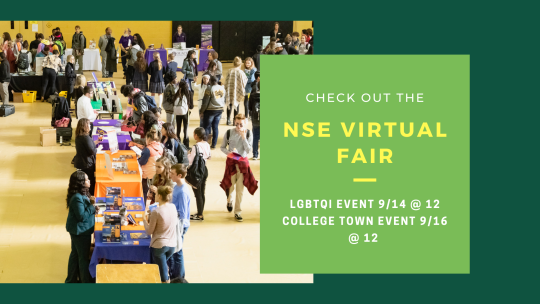 Dark green background; photo of an academic fair on the left; "NSE Virtual Fair" and info on such on the right