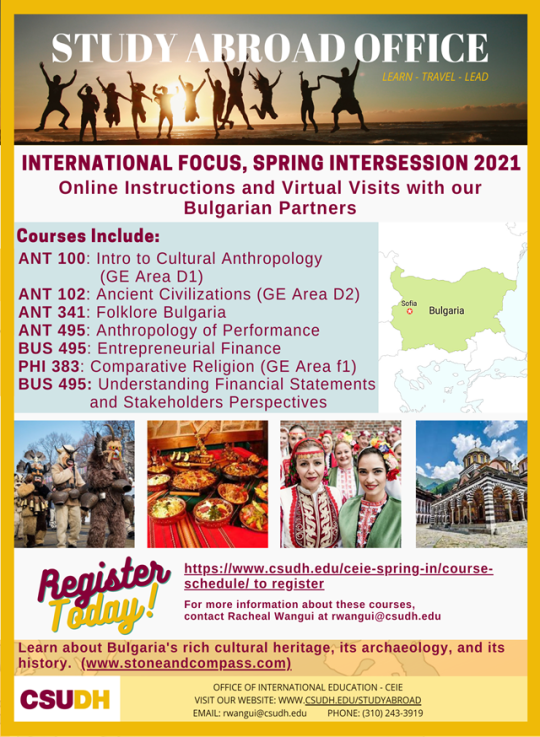 The top of the poster is a photo of people jumping during a sunset; below is info on the Spring 2021 Intersession classes relating to Bulgaria with more photos from the country