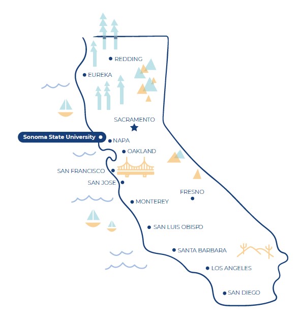 Illustrated map of California showing location of SSU campus in relation to major cities.
