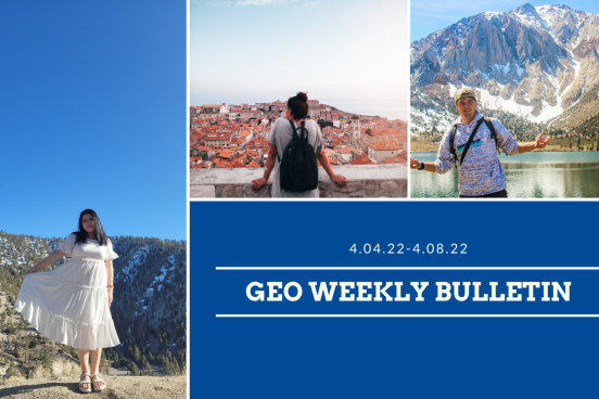 GEO Weekly Bulletin with images of students and pretty views