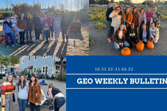 GEO Weekly Bulletin week of October 31st to November 6th. Pictures of pumpkin patch trip and farmer's market.