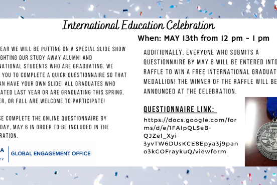 White background, top and bottom strips of confetti, info on the 2021 International Education Celebration