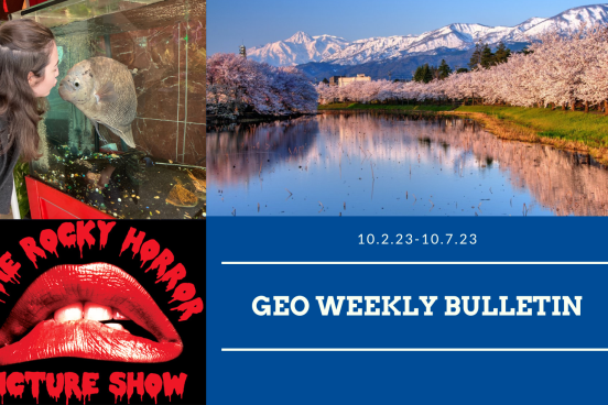 Bulletin cover photo, landscape of lake, rocky horror picture show lips, and student looking at fish in aquarium. 