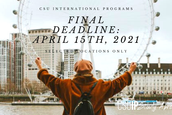 A photo of a person (who has their back turned) lining their arms up with the London Eye, with info on CSU IP's final April deadline