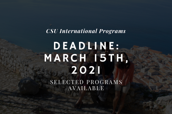 Three people sitting on a rock wall with the ocean and a town behind them with info on CSU IP's March deadline