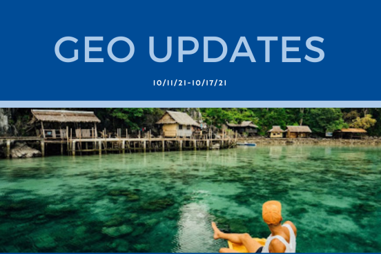 Bottom half is a photo of someone sitting along a lagoon along a water town; reads "GEO Updates 10/11/21