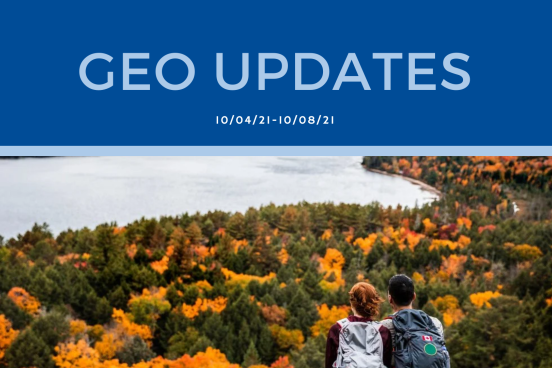 Top half is a navy blue banner which reads "GEO Updates 10/4-10/8; bottom half is a photo of two people overlooking autumn colored trees
