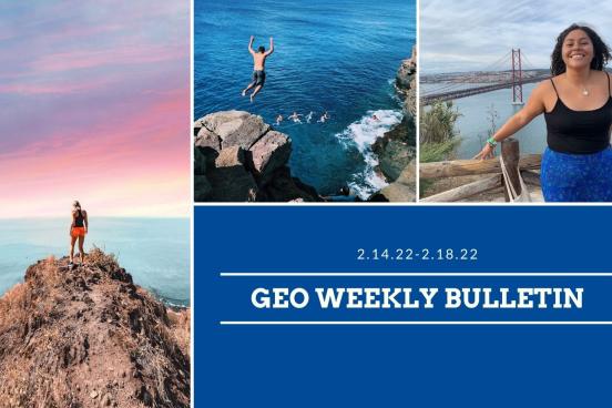 Images of students abroad, on cliff, jumping into ocean, in front of bridge