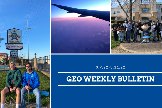 GEO weekly bulletin with images of students an airplane