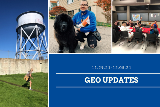 Image left is two students at Alcatraz, top middle is of a student posing with Bismark, top right is of IEEC Friendsgiving; it reads "GEO Updates 11/29-12/5/21"