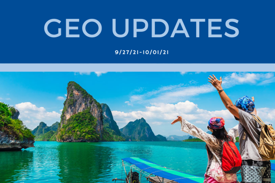 Top half says "GEO Updates" on a dark blue banner, bottom half is a photo of two people looking over tropical waters