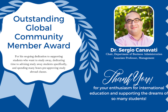 Dark blue background with white accents, left is a award badge drawing, right is a picture of Dr. Canavati and his description
