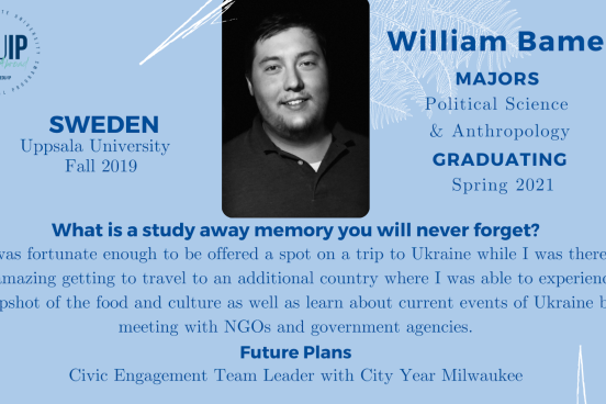 Light blue background with white accents, info on William Bame, his photo, and where he studied away