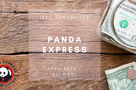 A photo of a wooden tabletop with a tip jar, with info on the IEEC Panda Express fundraiser and the Panda Express logo in the bottom left