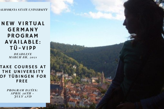 A female is looking out to a green covered hills and a European city below with info on the virtual Tü-VIPP program
