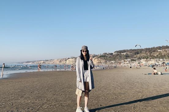 Jiayi "Emily" on a San Diego beach