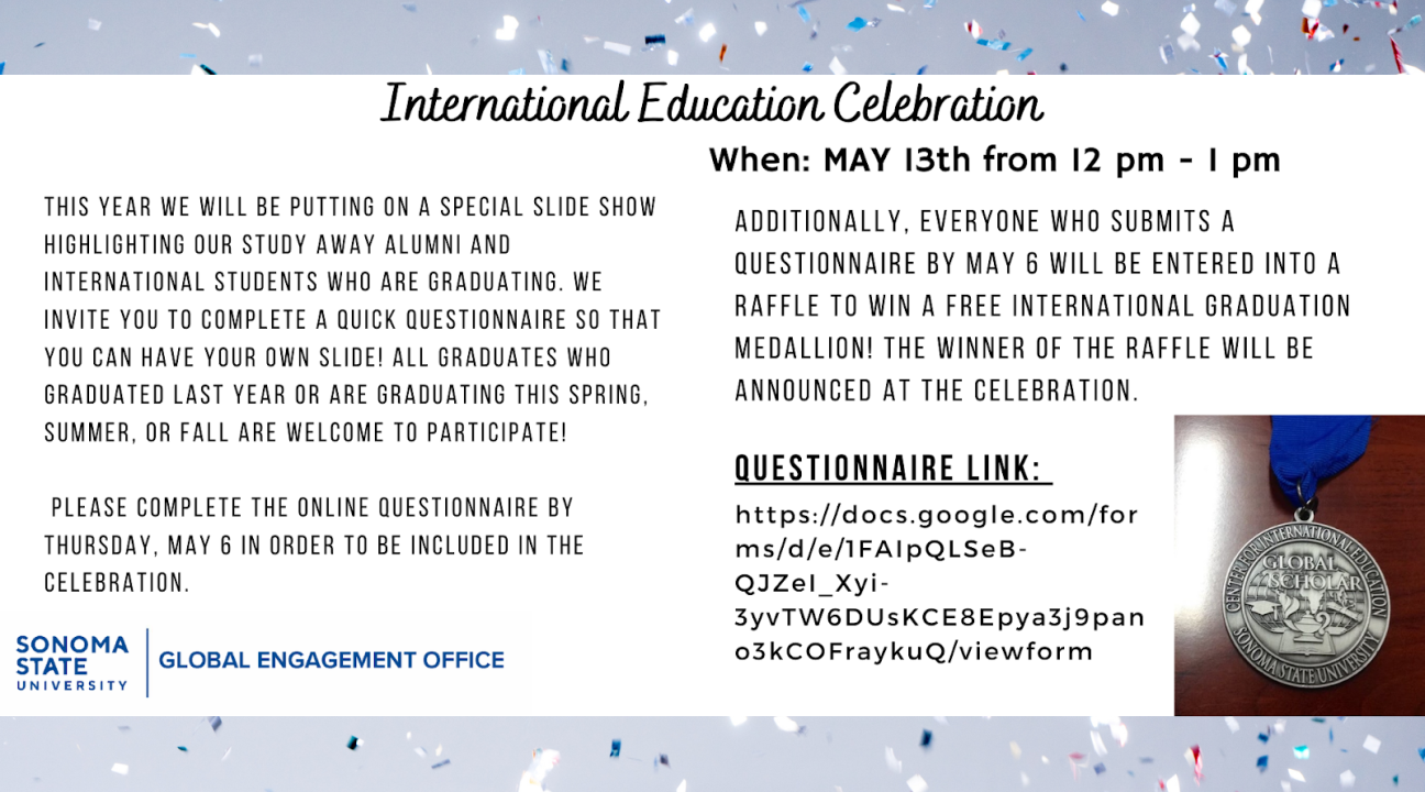 White background, top and bottom strips of confetti, info on the 2021 International Education Celebration