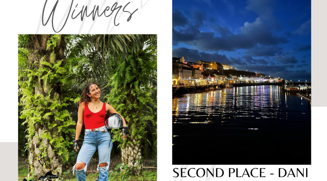 Photo contest winners, two photos one of Aleen on motorcycle and one of river and city at night