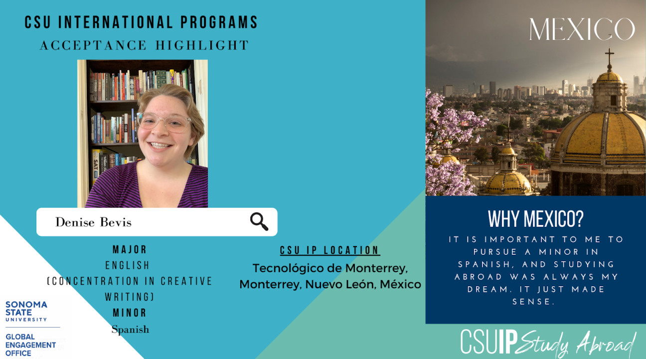 Blue, white, and green accent background; on the left a photo of Denise Bevis, on the right an aerial photo of a Mexican city