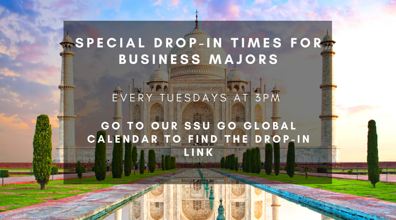Background photo of the Taj Mahal with watermarked info for the special drop-in times for business majors