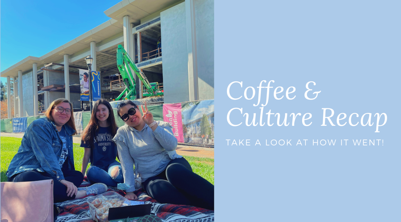 Left half is an image of three people sitting on the grass in front of a building under construction; second half reads "Coffee & Culture Recap"