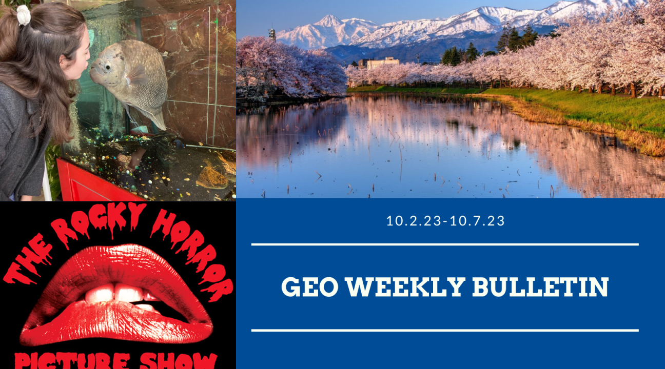 Bulletin cover photo, landscape of lake, rocky horror picture show lips, and student looking at fish in aquarium. 