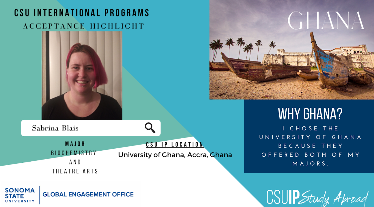 White, blue, and teal background, on the left a photo of Sabrina Blais, on the right a photo of Ghana