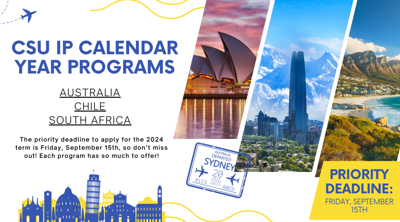 CSU IP calendar year flyer with pictures of Sydney Opera House, Santiago, Chile, and South African bay