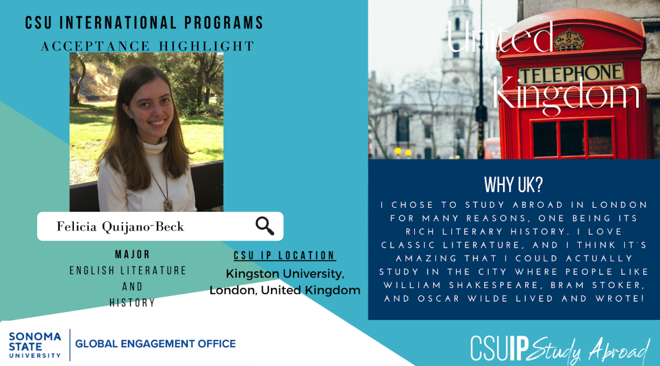 Blue, teal, white background, on the left a photo of Felicia and info on her acceptance, on the right a photo of a red London telephone booth