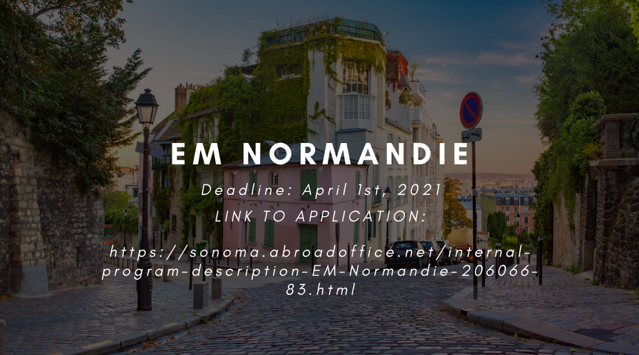 A photo of a pink and white ivy-covered building on a French crossroads street overlooking the larger city with info on the Em Normandie deadline
