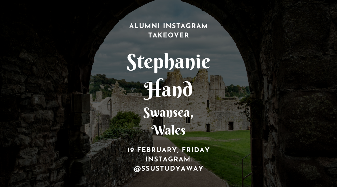 A view of castle ruins from under a stone arch with info for an Alumni Instagram takeover