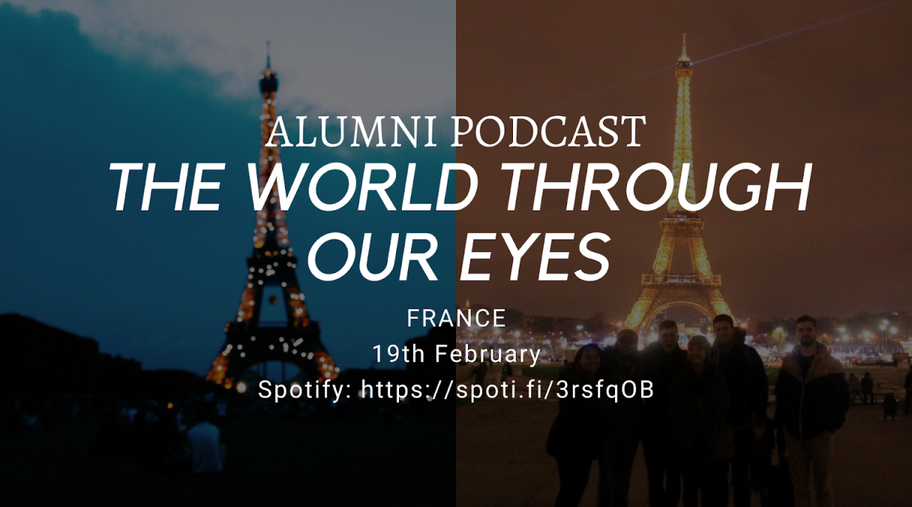 Two side by side photos of the Eiffel Tower, left is at dusk, right is at night with info on an Alumni podcast